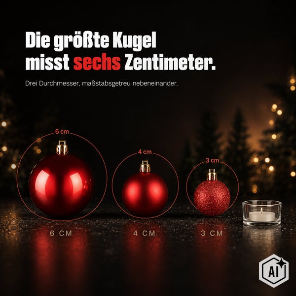 Drei Weihnachtskugeln mit Durchmessern von drei Zentimeter, vier Zentimeter und sechs Zentimeter im Größenvergleich nebeneinander.