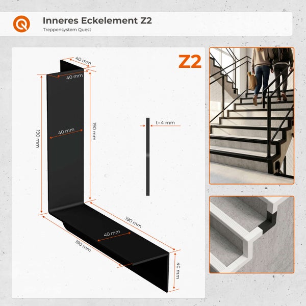 Inneres Eckelement Z2 für Quest Treppensystem, Abmessungen 190 mal 190 Millimeter, Breite 40 Millimeter, Stärke 4 Millimeter. Quest Logo.
