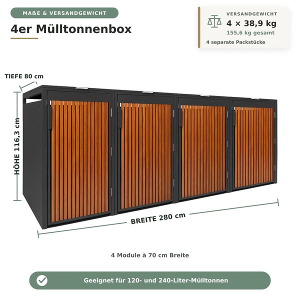 4er Mülltonnenbox aus Metall und Holz für 120 und 240 Liter Tonnen. Maße: Breite 280 Zentimeter, Höhe 116,3 Zentimeter, Tiefe 80 Zentimeter.