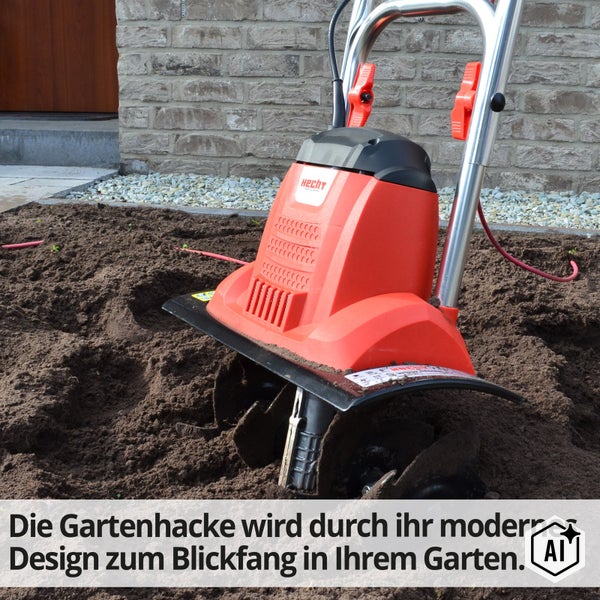 Eine elektrische Gartenhacke von Hecht im Einsatz in einem Garten zur Bodenbearbeitung.