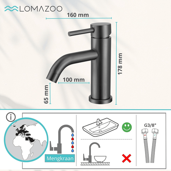 Lomazoo Waschbeckenarmatur mit Maßangaben und Installationssymbolen für die Montage am Waschbecken.