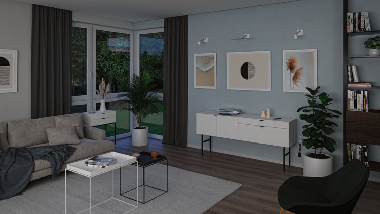 Modernes Wohnzimmer mit weißem Sideboard auf Metallbeinen, Sofa mit Decke, zwei Couchtischen, Zimmerpflanzen und Wandbildern.