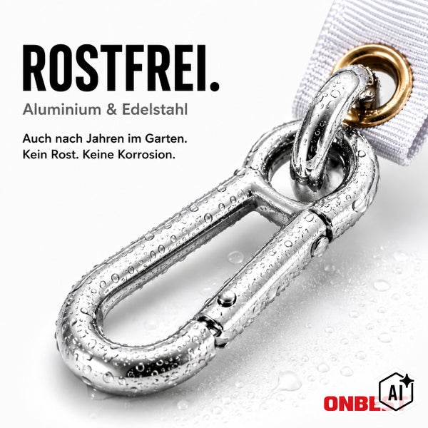 Rostfreier Karabinerhaken aus Aluminium und Edelstahl mit Wassertropfen und Onbest Logo für den Gartenbereich