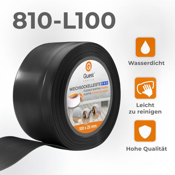 Quest Profile Weichsockelleiste Pro 810-L100 in 100 mal 25 Millimeter, wasserdicht, leicht zu reinigen und von hoher Qualität.