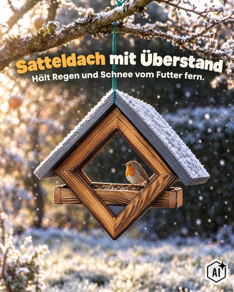 Ein hängendes Vogelhaus aus Holz mit Satteldach und Überstand schützt Vogelfutter bei Schnee vor Feuchtigkeit.