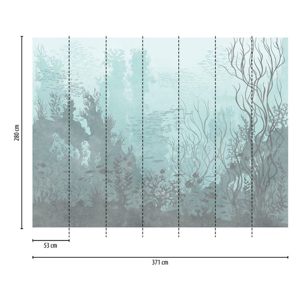 Fototapete mit Unterwassermotiv, Korallen und Fischen. Maße: Breite 371 Zentimeter, Höhe 280 Zentimeter, Bahnen 53 Zentimeter.