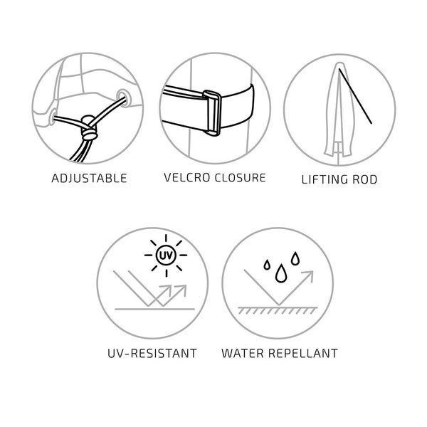 Piktogramme für verstellbaren Kordelzug, Klettverschluss, Aufstellstab, UV-Beständigkeit und wasserabweisende Eigenschaften.