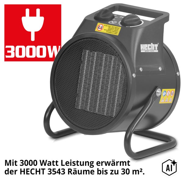 Elektrisches Heizgebläse HECHT 3543 mit 3000 Watt Leistung für Räume bis zu 30 Quadratmeter inklusive Sicherheitshinweisen.