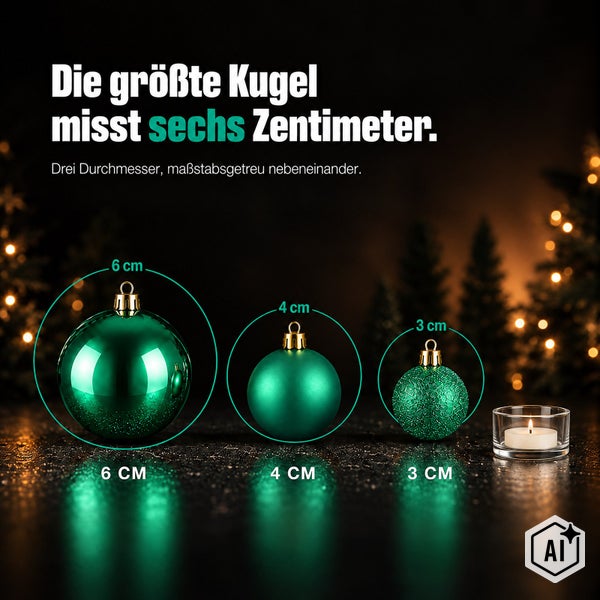 Drei Weihnachtskugeln in verschiedenen Größen mit sechs, vier und drei Zentimetern Durchmesser sowie ein Teelicht zur Größenveranschaulichung.