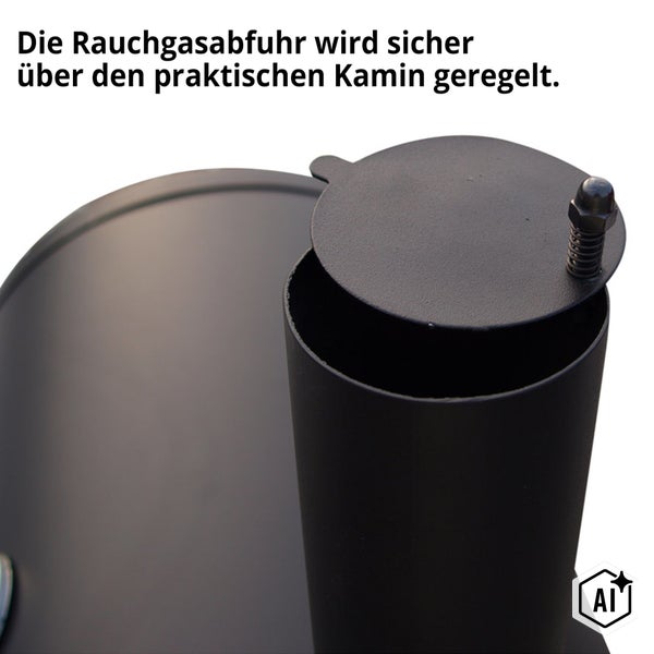 Detailansicht eines Kaminabzugs an einem Grill mit beweglicher Abdeckung zur Regulierung des Rauchgasabzugs.