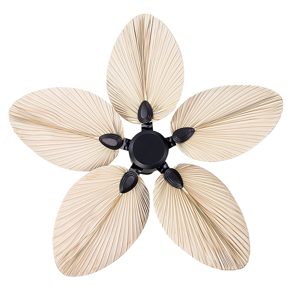 Deckenventilator mit fünf Flügeln im Palmblattdesign und schwarzem Gehäuse.