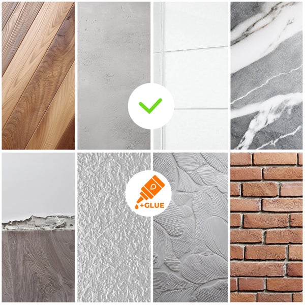 Collage verschiedener Wand- und Bodenstrukturen mit Symbolen für geeignete Anwendungen