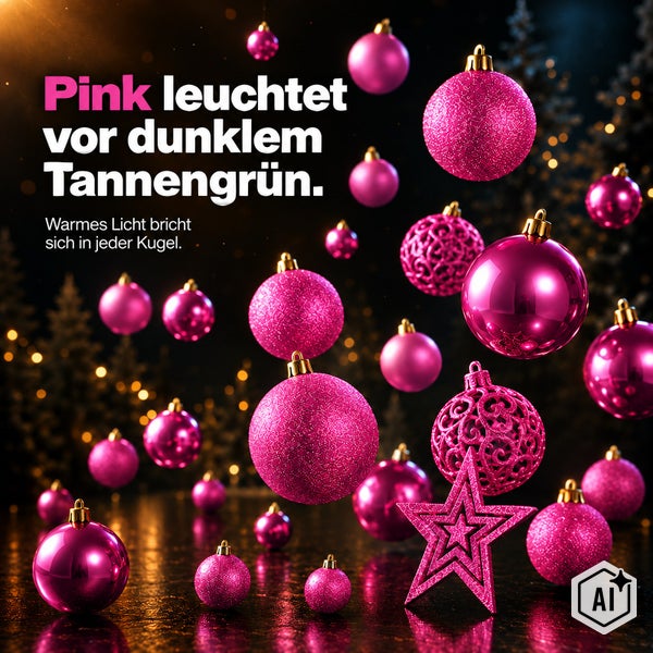 Set aus verschiedenen pinken Weihnachtskugeln und einem Weihnachtsstern vor dunklem Tannenbaumhintergrund mit festlicher Beleuchtung