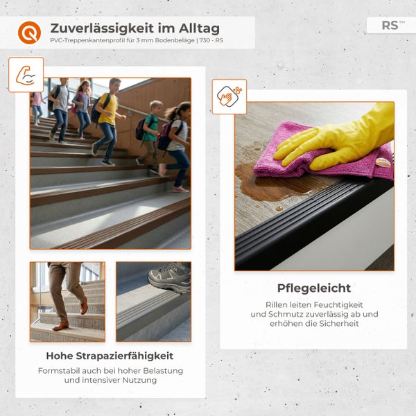 Treppenkantenprofil aus Kunststoff, im Alltag und bei der Reinigung gezeigt, strapazierfähig und pflegeleicht. Quest Logo.