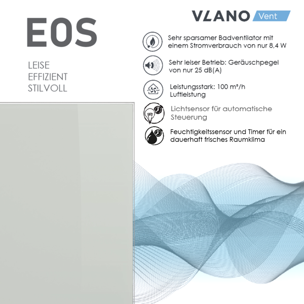 VLANO Logo. Badventilator EOS: 8,4 Watt Verbrauch, 25 Dezibel, 100 Kubikmeter pro Stunde, Licht- und Feuchtigkeitssensor, Timer.