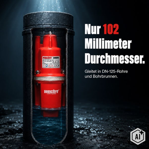 Hecht Tiefbrunnenpumpe mit einem Durchmesser von 102 Millimeter, geeignet für DN 125 Rohre und Bohrbrunnen.