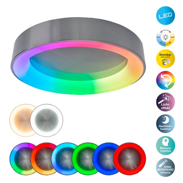 LED Deckenleuchte MULTO Ø 46,5 cm, viele Funktionen, aus Metall und Kunststoff, mit integrierten LEDs, Beleuchtung für Wohnzimmer, Büro oder Nachttisch