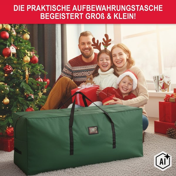 Familie vor geschmücktem Weihnachtsbaum mit einer großen Aufbewahrungstasche für Weihnachtsartikel im Vordergrund.