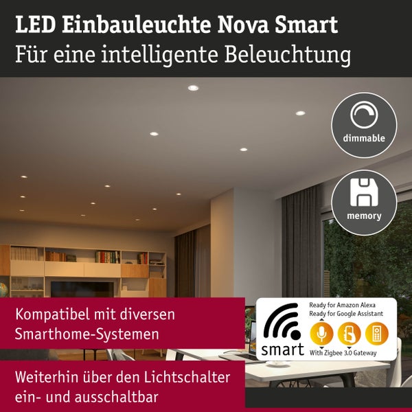 LED Einbauleuchte Coin mit 470 Lumen, 2700 Kelvin warmweißem Licht und dreistufiger Dimmfunktion über den vorhandenen Wandschalter.
