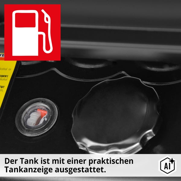 Kraftstofftank mit Tankverschluss und Tankanzeige zur Fuellstandskontrolle an einem Stromerzeuger.