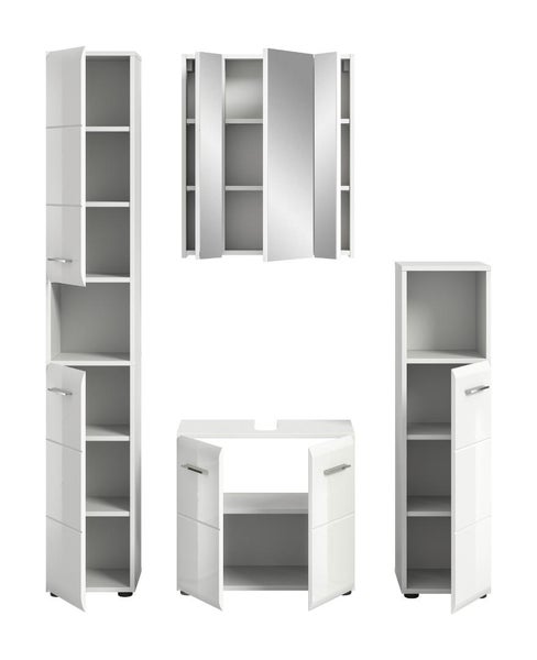 Vierteiliges Badezimmermöbel-Set in Weiß bestehend aus Hochschrank, Spiegelschrank, Waschbeckenunterschrank und Midischrank.