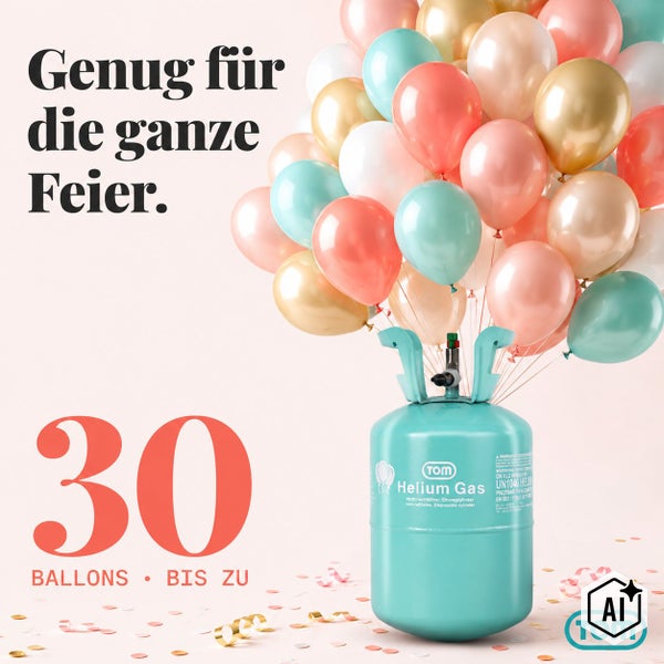 Einweg Helium Gasflasche von Tom mit einer Kapazität für bis zu 30 Ballons inklusive vieler aufgeblasener Luftballons für die Feier.