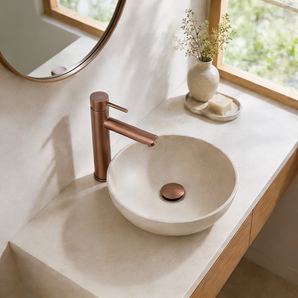 Modernes Badezimmer mit einem runden Aufsatzwaschbecken aus Stein und einer Waschtischarmatur in Metalloptik auf einem Waschtisch mit Holzrahmen.