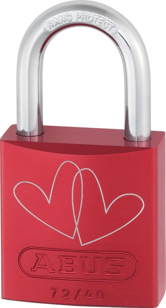 Rotes ABUS Vorhängeschloss 72/40 mit zwei eingravierten Herzen und Nano Protect Bügel.