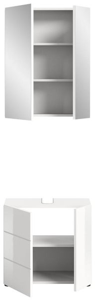 Weißes Badezimmermöbel-Set mit Spiegelschrank und Waschbeckenunterschrank, beide mit zwei geöffneten Türen und sichtbaren Fachböden.