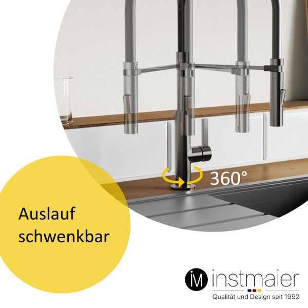 instmaier Küchenarmatur K4 | Flexible Geschirrbrause | Wasserhahn Küche mit 2 Funktionen | Spültischarmatur Graphit / Schwarz | 360° schwenkbar | mit Zentralverschraubung