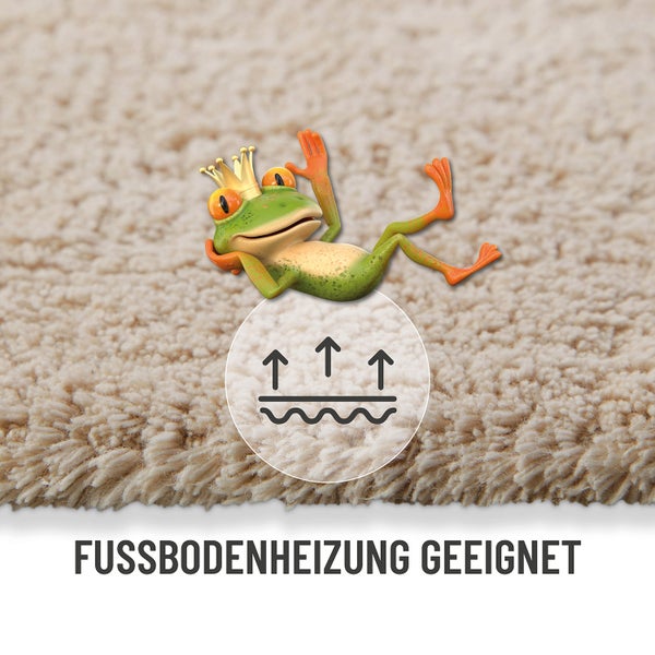Zusammengerolltes Handtuch aus 100 Prozent Baumwolle mit Frosch Logo und Detailaufnahme der weichen Materialstruktur.