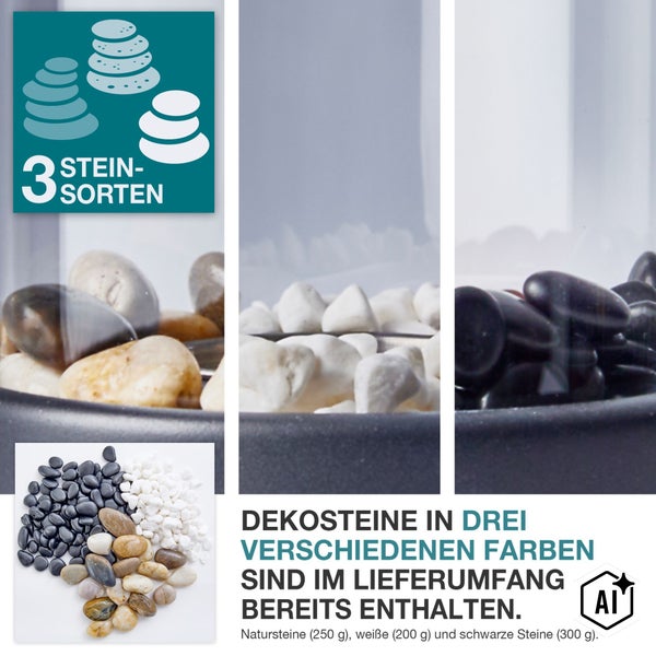 Set mit drei Sorten Dekosteine: 250 Gramm Natursteine, 200 Gramm weiße Steine und 300 Gramm schwarze Steine für dekorative Zwecke.