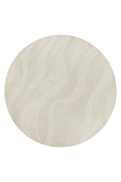 Runder Teppich in Beige mit gewelltem Reliefmuster.