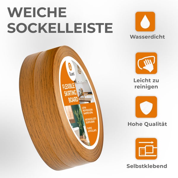 Quest Weichsockelleiste Selbstklebend 50 x 20 mm, PVC Sockelleiste, Flexibel, Eiche Rustikal, 10 Meter