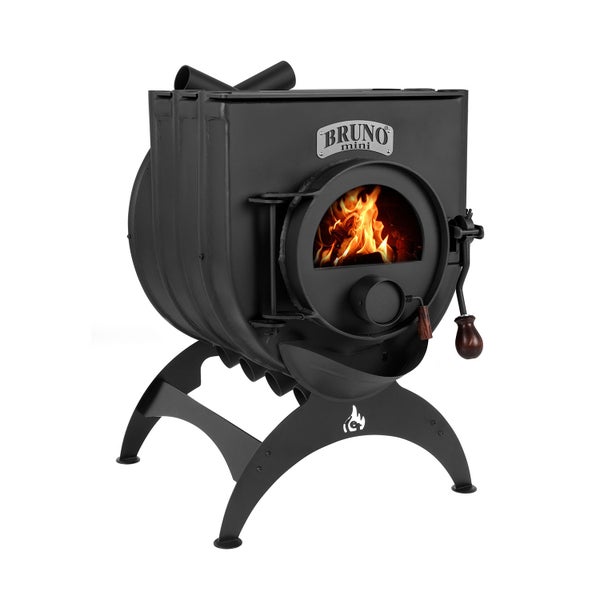 Schwarzer Bruno Mini Holzofen mit sichtbarem Feuer