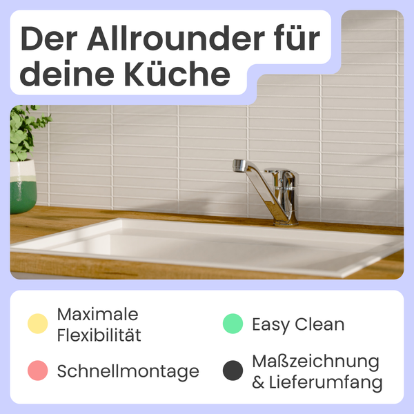 Küchenspüle mit Armatur auf Holzarbeitsplatte vor Fliesenspiegel