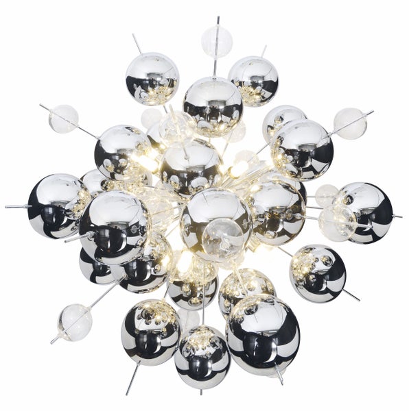 Moderne Lampe mit Kugeln aus Metall und Glas als Deckenleuchte