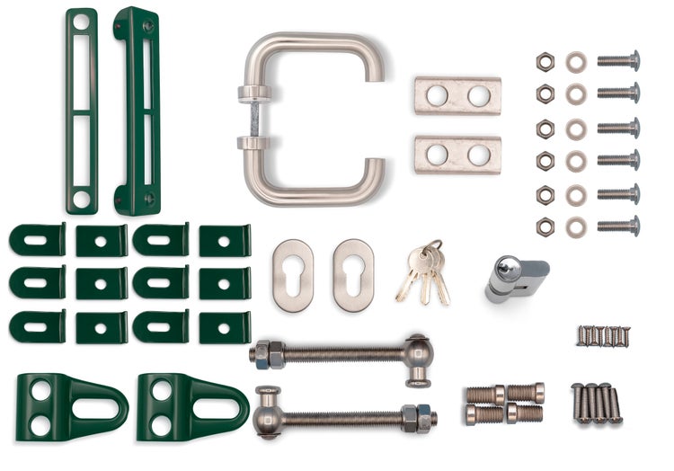 Komplettes Gartentürbeschlagset mit Griff, Schloss, Schlüsseln und Befestigungsmaterial