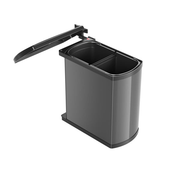 Einbau-Abfallsammler zur Mülltrennung mit zwei Inneneimern, grauem Gehäuse und schwarzem Deckel.