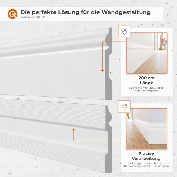 Infografik zeigt zwei weiße Sockelleisten 500-LP mit Details zu Montage, 200 Zentimeter Länge und präziser Verarbeitung für die Wandgestaltung.