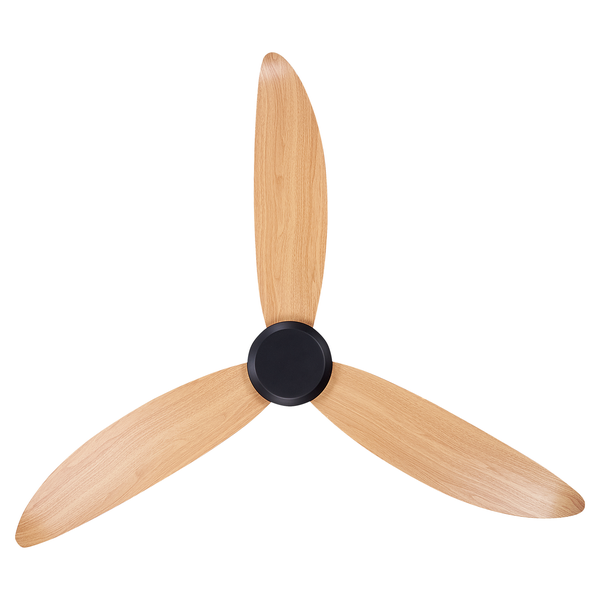 Deckenventilator mit drei Flügeln in Holzoptik und schwarzem Gehäuse.