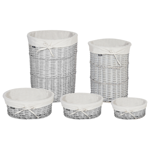 Set aus fünf grauen Flechtkörben in verschiedenen Größen mit weißem Stofffutter und dekorativen Schleifen.