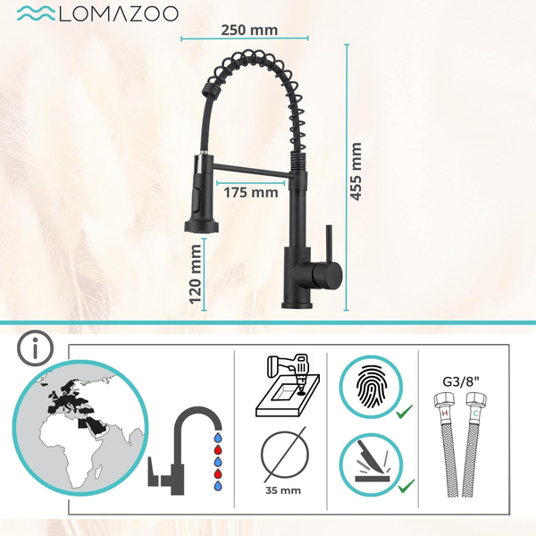 Lomazoo Küchenarmatur mit Federzugbrause und Maßangaben sowie technischen Produktsymbolen.