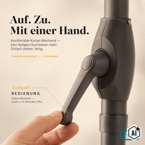 Detailansicht der Kurbelmechanik eines Sonnenschirms mit Einhandbedienung und Tom Logo.