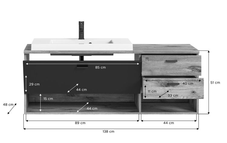 Grado Badmöbelset 140cm Eiche dekor,matt grau. 140 X 48 X 192 cm