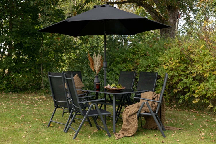 Brekki Gartenset Tisch 90x150cm schwarz, 6 Stühle schwarz. 90 X 150 X 73 cm