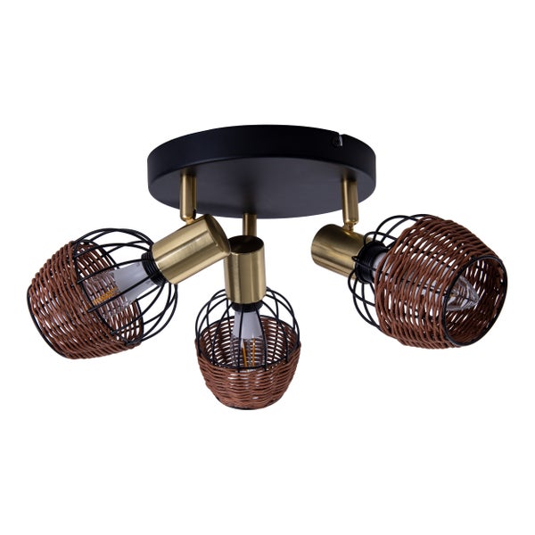 3er Deckenrondell CORBIS, Spot aus Metall in Schwarz, mit Gold und Rattan, mit E14-Fassung, für Esszimmer, Wohnzimmer, Diele oder Büro, Beleuchtung für Wohnzimmer, Esszimmer oder Büro, 38 cm Durchmesser