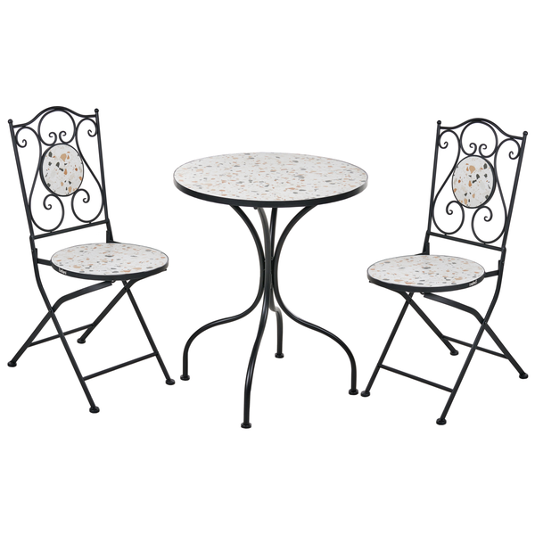 Gartentischset mit zwei Stühlen und einem runden Tisch mit Mosaikmuster
