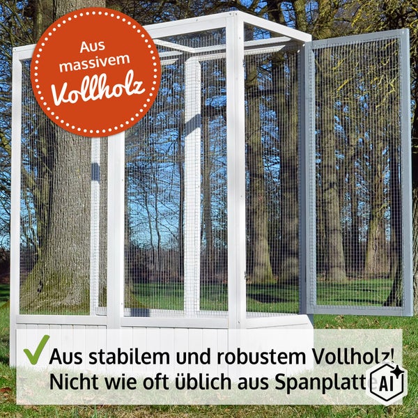 Große Vogelvoliere oder Kleintiergehege aus massivem Vollholz mit Drahtgitter und zu öffnender Tür für den Außenbereich.
