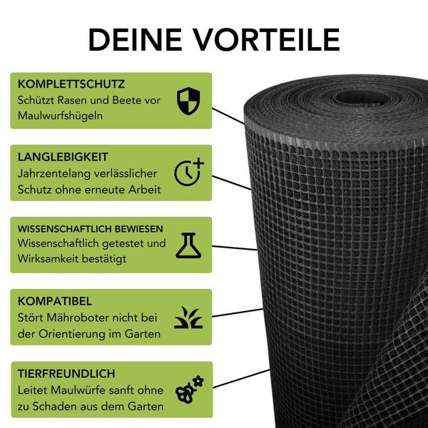 Florade Premium Maulwurfgitter, 1,2 m x 400 m, Schwarz, 270g/m², Effektiver Schutz gegen Maulwürfe